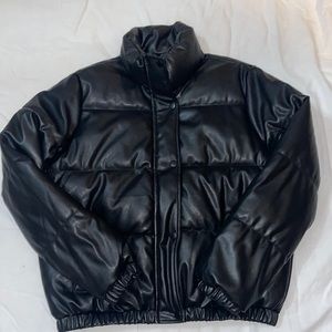 Black leather puffer jacket